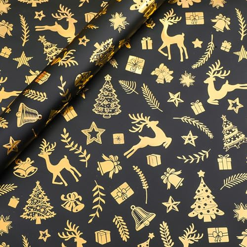 Gleemix Geschenkpapier Weihnachten, 3 Blatt Weihnachts Geschenkpapier Schwarz Gold, Weihnachtspapier für Weihnachten, Neujahr und Winterurlaub, 70x50cm