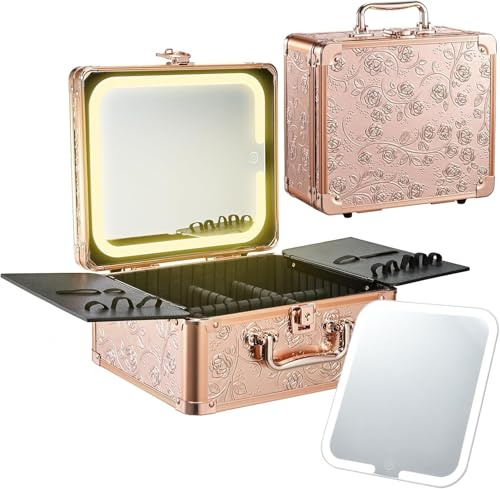 Make-up-Koffer mit beleuchtetem Magnetspiegel, Make up Koffer, Kosmetikkoffer mit 3-Farben-LED-Spiegel, tragbarer Schminkkoffer mit abschließbaren Schlüsseln, Trennwänden und Pinselhalter, Rosegold