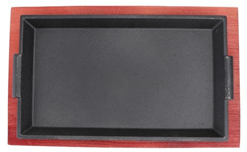 DEARMAMY Piastra in Ghisa Antiaderente per Bistecche Padella Teppanyaki Rotonda Base in Legno Adatta per Fornelli a Induzione Forno e Fiamma Libera Portatile e a Conduzione Termica