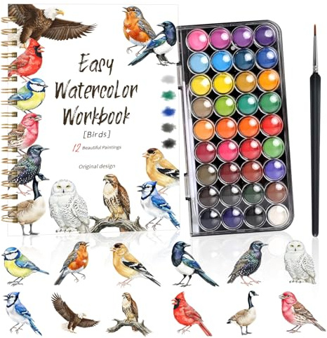 AKINSTER Aquarell Malbuch Arbeitsbuch Watercolor Workbook 36 Farben Lackierset mit Pinsel Anfängerfreundliches Malbuch Kunsthandwerk für Kreative Erkundung Erwachsene Teenager Künstler (Vögel)