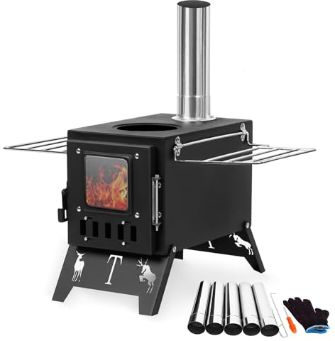 Poêle à bois portable – Poêle à bois portable avec tuyaux de cheminée, surface en titane améliorée, verre résistant à la chaleur et gants pour l'extérieur, noir