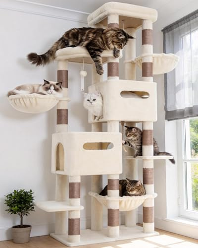 Heybly Katzenbaum 190 cm, XXL Kratzbaum Beige HCT062MJ | Stabiler hoher Kratzbaum mit großer Liegeplattform, 2 Katzenhöhlen, Hängehängematte & langlebige Sisalstämme, Katzenmöbel