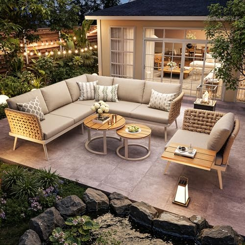 YSMerax Sechspersonen L-förmiges Gartensofa-Set mit handgeflochtenen Armlehnen Wetterfeste Eckgarnitur aus Eisen Inkl. 2 Holz-Couchtische & Sessel Mit Polstern (Beige)