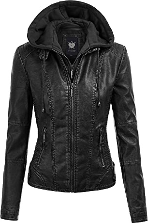 Lock and Love LL WJC1044 Womens Faux Leather Quilted Motorcycle Jacket with Hoodie Medium Black