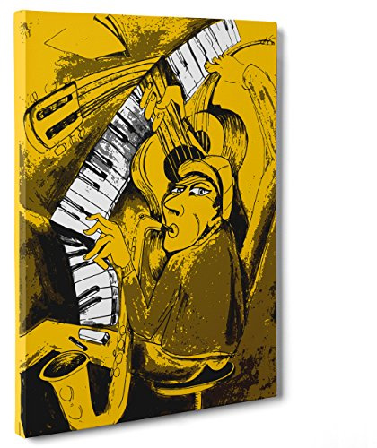 Quadro su Tela Canvas - INTELAIATO - Pronto da Appendere - Musica Jazz - Illustrazione Disegno Pianista con Sax - 30x40cm - Senza Cornice - (cod.1112)