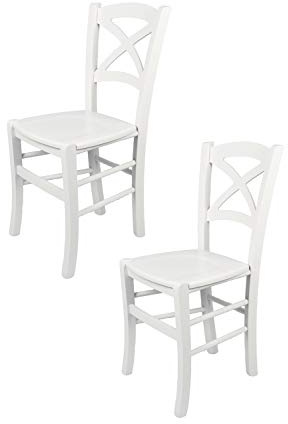 t m c s Tommychairs - 2er Set Stühle Cross für Küche und Esszimmer, robuste Struktur aus lackiertem Buchenholz im Farbton Weiss und Sitzfläche aus lackiertem Holz in der Farbe Weiss