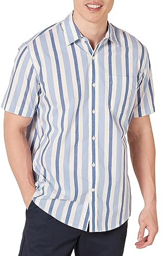 Amazon Essentials Chemise en Popeline à Manches Courtes Coupe Régulière Homme, Bleu Blanc Rayures, M