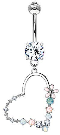 Paula & Fritz® Bauch-nabelpiercing Herz Blume Anhänger Synth Opal Zirkonia 316L Chirurgenstahl Bauch-Piercing Bananabell Nabel-Piercing Silber