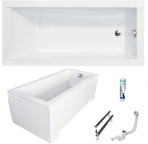 ECOLAM Baignoire rectangle Modern 170x70 cm + tablier | pieds siphon et silicone | grande baignoire | Set complet | Design moderne