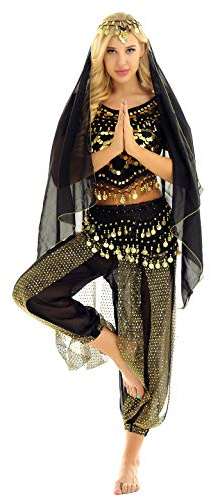 TiaoBug Damen Prinzessin Kostüm Set Pailletten Crop Top + lange weite Hose + Stirnband mit Strass Verkleidung für Karneval Fasching Cosplay Party Tanz