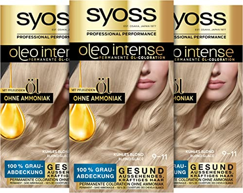 Syoss Oleo Intense Öl-Coloration 9-11 Kühles Blond Stufe 3 (3 x 115 ml), dauerhafte Haarfarbe mit pflegendem Öl, Coloration ohne Ammoniak