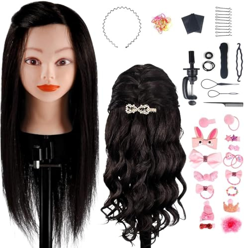 TwoWin 18 45cm Trainingsköpfe 100% Echthaar Schwarz Kosmetologie Puppe Friseur Training Modell Mannequin Kopf mit Halterung, DIY Haar Zubehör Styling, Geeignet zum Glätten Locken Dauerwelle