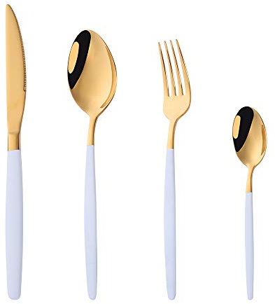 Buyer Star White and Gold Cutlery Sets, 4 Piece Stainless Steel Cutlery Flatware Set Tableware for Daily Life Service for 1, 1 x Dinner Fork, 1 x Dinner Knife, 1 x Soup Spoon, 1 x Teaspoon