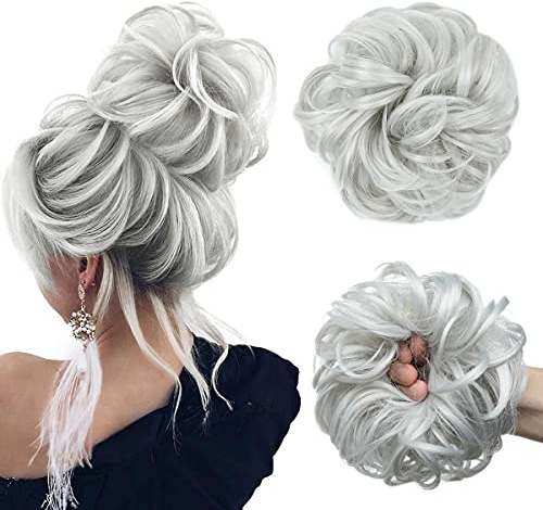 JJstar Haarteil Mit Gummiband, Groß Dutt Haarteil Gelockt Haargummi Mit Haaren Hochsteckfrisuren Haarverlängerung Messy Bun Haarteile für Damen Mädchen Pferdeschwanz (Silber-Grau)