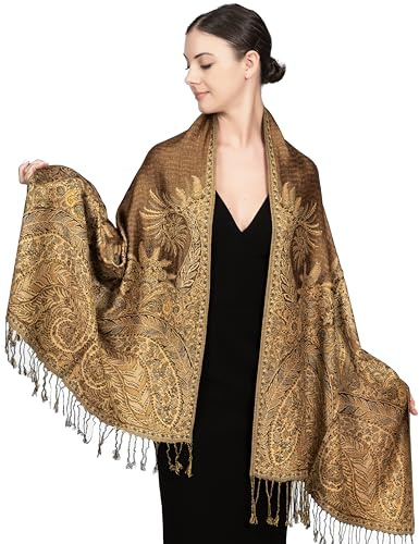 Achillea Pashmina damhalsduk, Stort paisleymönster, guldbrunt, 28W x 76L