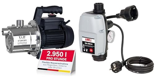 T.I.P. Edelstahl Gartenpumpe GP 3000 INOX - Leistungsstarke 550 W Pumpe mit 2950 l/h Leistung und thermischer Überlastschutz, 30111 + T.I.P. Elektronische Pumpensteuerung BRIO 2000 M, Plug&Play
