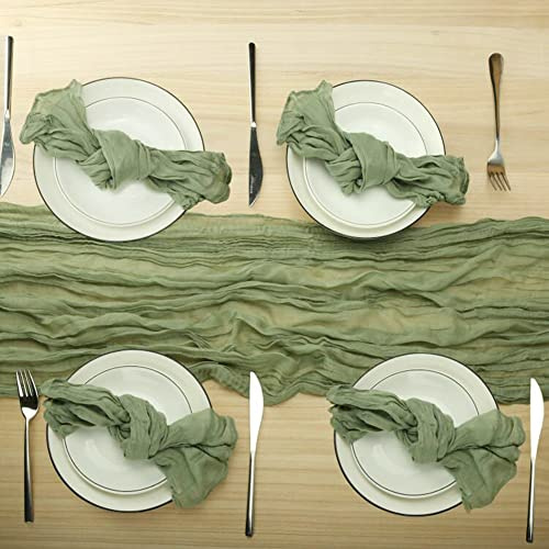 Chemin de Table et Serviettes en étamine Vert Sauge de Style bohème avec 12 Serviettes – Décoration de Table Rustique froissée pour Mariage, Anniversaire, dîners – 4 m