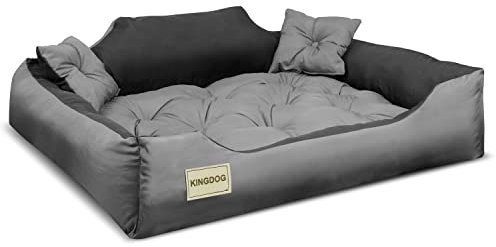KingDog Hunde- und Katzenbett aus Mikrofaser mit Zwei Kissen Hundekissen Hundekorb Haustierbett Waschbar Wasserdichtes Material (Innenmaße: 40x30cm / Außenmaße: 55x45cm, Grau/schwarz)