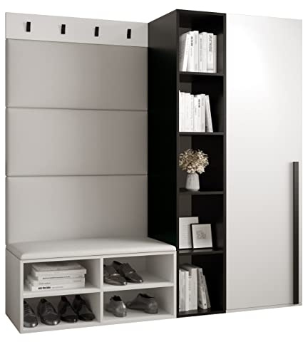 MEBLE KRYSPOL Garderobe MIRO Set 1 mit gepolsterten Paneelen Modern Design (weißes Öko-Leder, Weiß Matt + Schwarz Matt)