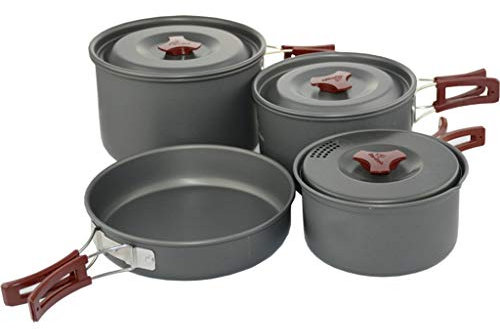 NEWCES Camping-Kochgeschirr-Set for 4–5 Personen, tragbares Lagerfeuer-Kochgeschirr, Kochutensilien, Kochutensilien, Outdoor-Kochset for Trekking, Wandern, Picknick, Töpfe und Pfannen