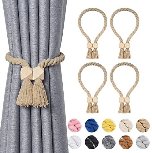Pretty Jolly Polyeder magnetische Vorhang-Raffhalter aus Holz, Boho-Dekoration, Raffhalter, natürliche Baumwolle, handgewebt, für Fenstervorhänge für Zuhause und Büro, Dunkelbeige, 4 Stück