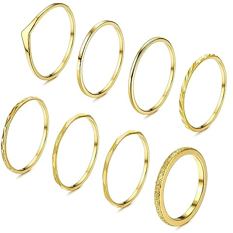 FIOROYAL 8 Stk Ringe Gold 14K Vergoldet Ringe für Frauen Mädchen Stapelbare Ringe Einfacher Zierlicher Fingerring Gold Ring Frauen Goldene Set Wasserfest Eheringe für Damen 57