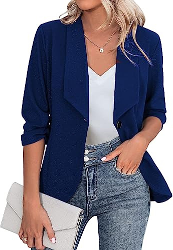 Zeagoo Blazer Elegante, Chaqueta de Mujer de Manga 3/4 para Negocios, Corte Ajustado, con Solapa, Blazer Casual, Trabajo, Tallas S-3XL, Azul, XL