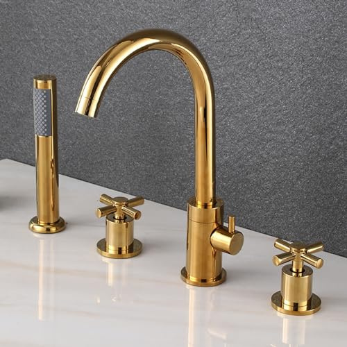 XJTNLB Wannenrandarmatur 4 Loch Badewannenarmatur mit Ausziehbarem Handbrause Quergriff Mischbatterie Badewanne Armatur Dusche Set Gold,4-Loch