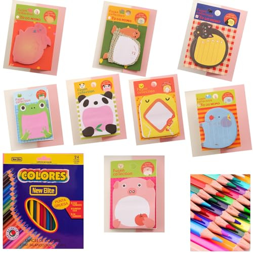 24 Paket Haftnotizen Klebezettel und 24 Buntstifte Set, 480 Blatt Haftnotizen für Kinder, Cartoon Niedlicher Sticky Notes,Süßen Tierhaftnotizen,Kleine Blöcke für Schüler Mitgebsel Kindergeburtstag