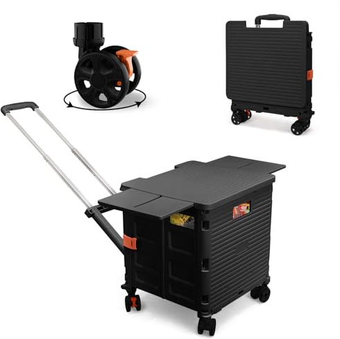Zusammenklappbarer Mehrzweckwagen auf Rädern, arbeitssparender zusammenklappbarer Trolley mit magnetischem Schiebedeckel 55L/176lbs, Einkaufswagen mit 360°Schwenkrädern für Reisen, Camping (Schwarz)