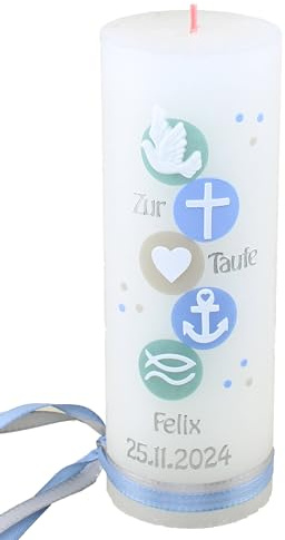 Cerziies® Taufkerze Rustik FELIX Junge oder Mädchen mit Name und Datum, individuell und handverziert 2199