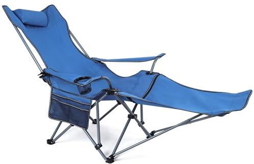 Neloheac Heavy Duty Reclining Chair 150kg with Foot Rest, Camping Beach Chair with Pillow and Cup Holder for Adults, Portable Lounge Chair Adjustable Angle Outdoor Lawn Patio, Blue, ZHL0023A