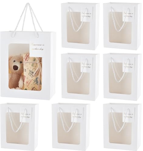 BENECREAT 30 Stück Weiße Geschenktüten Mit Transparente Fenster, Geschenkpapiertüten Mit Kordelzuggriff Für Hochzeit, Weihnachtsgeschenkverpackung, 228x180x4mm