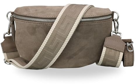 Brise Art Bauchtasche Damen Echtes Wildleder SAHEL Handgemachte Umhängetasche Crossbody Bag Hüfttasche mit Ledergurt + Optionalen Breiten Gemusterten Riemen Gürteltasche Made in Italy (Dunkeltaupe 3)