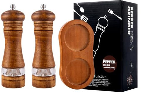 Manual Wooden Salt Mill, Set of 2, Salt and Pepper Mill, Ceramic Grinder, Spice Mills, Ideal Kitchen Aid and Gift Idea, Pepper Mill with Extra Coaster, Brown Wood Colour