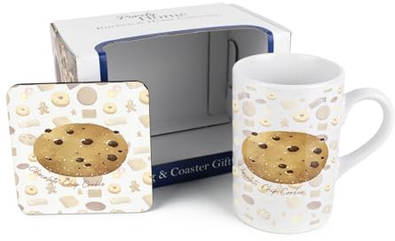 Purely Home Chocolate Chip Cookie Mug & Coaster Gift Set - Novelty Gifts for Foodies - Tea/Coffee Ceramic Mug & Cork Coaster Set