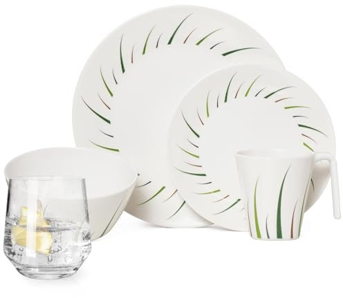 Vaisselle de camping en mélamine - Pour 4 personnes - Design Limon + 4 verres à eau Milano - Pour pique-nique et barbecue
