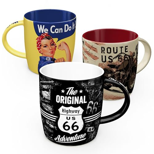 Nostalgic-Art Juego de 3 tazas de café retro de 330 ml, juego de 2 tazas de cerámica, diseño vintage
