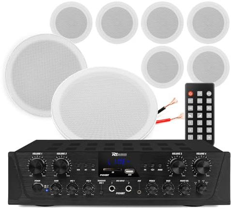 Power Dynamics 6.5-Inch Marine Ceiling Speakers with PV240BT Amp, Bluetooth | 4-zone control, IPX5 weatherproof, USB/SD playback, independent volume