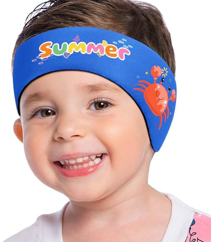 MoKo Simpannband för barn, söta swinmmers pannband öronband för barn, håll vatten ute, vattentätt öronskyddsband för bad, simning, öronband för barn, ålder 1-3 S, mörkblå-orange krabba