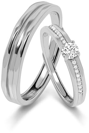 Meissa 925 Sterling Silber Breite Eheringe für Herren, handgefertigter Diamantring für Damen, passende Versprechensringe größenverstellbares Paar-Ring-Set