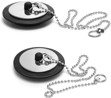 2 Pcs Universal Bath Plug with Stainless Steel Chain, Bath Plug Replacement, Bathroom Sink Plug Replacement, Drain Stopper for Bathroom and Kitchen, 42 mm to 45 mm
