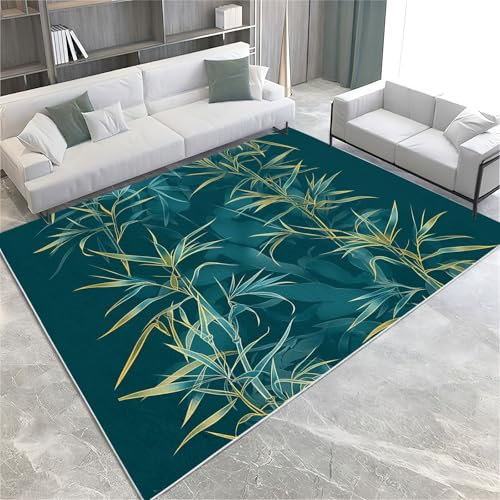 Dunkelblau Teppich Abstrakte Pflanze Bambus Maschinenwaschbarer Kurzflor Teppich Extra Weich & rutschfest Für Wohnzimmer Schlafzimmer Büro Und Küche 80 x 150 cm Pflegeleichte Haushaltsteppich