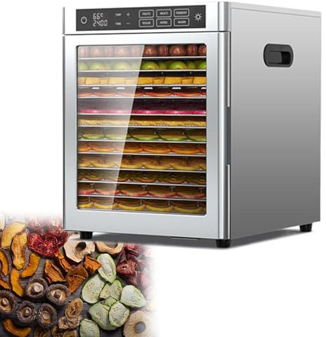 GESAIDES Essiccatore per Alimenti, Essiccatore per Frutta in Acciaio Inossidabile a 12 Vassoi, Temperatura Regolabile, Design Temporizzato, Macchina per Essiccare Gli Alimenti per Carne Secca, Frutta