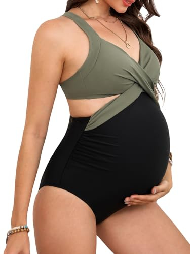 CUPSHE Damen Maternity Badeanzug V Ausschnitt Crossover Raffung Cutouts Lace Up Nach Schwangerschaft Einteilige Umstandsbademode Swimsuit Salbeigrün/Schwarz M