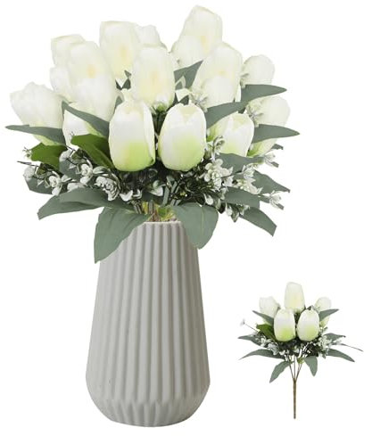 BSITSSS 31cm Artificial Tulips, White Faux Tulips That Look Real Wedding Bouquets Fake Flowers DIY Decor Silk Flowers for Home Garden Hotel Party Decoration