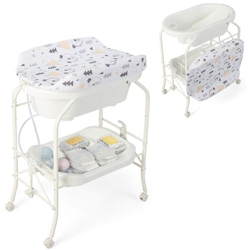 LIFEZEAL Mesa Cambiadora con Baño, Combinación 2 en 1 con Ruedas, Estante Abierto, Baño para Bebé con Soporte, Carga Máxima 35 kg (Blanco)