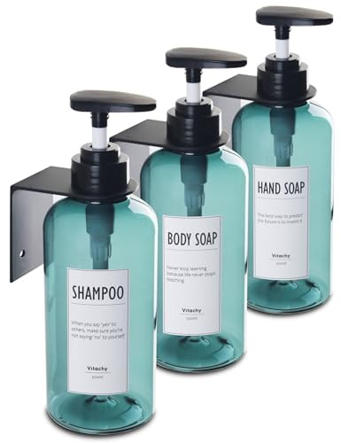 VITACHY 3 Uds Dispensador 500ml Jabon Ducha Pared Sin Taladro Adhesivo. Botes Rellenables Dosificador Jabonera Gel Champu con Soporte. Wall Soap Shower Dispenser