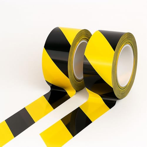 SchwarzGelb Gefahren Markierungs,Signal Markierungsklebeband selbstklebendes Warnband TrassenwarnbandAbsperrband Zur Bodenmarkierung Geeignet für Baustellen Garagen Gefahrenbereiche 2 Rollen48mm x 33m