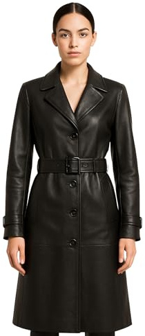 TRESSANO Trench da donna in vera pelle nera - Cappotto lungo doppiopetto con cintura e risvolti eleganti, nero, X-Large
